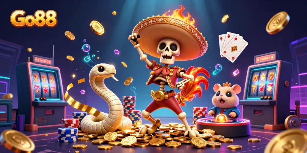 Engage with Go88: A vibrant, thrilling casino scene featuring a mariachi rooster and dynamic game elements.