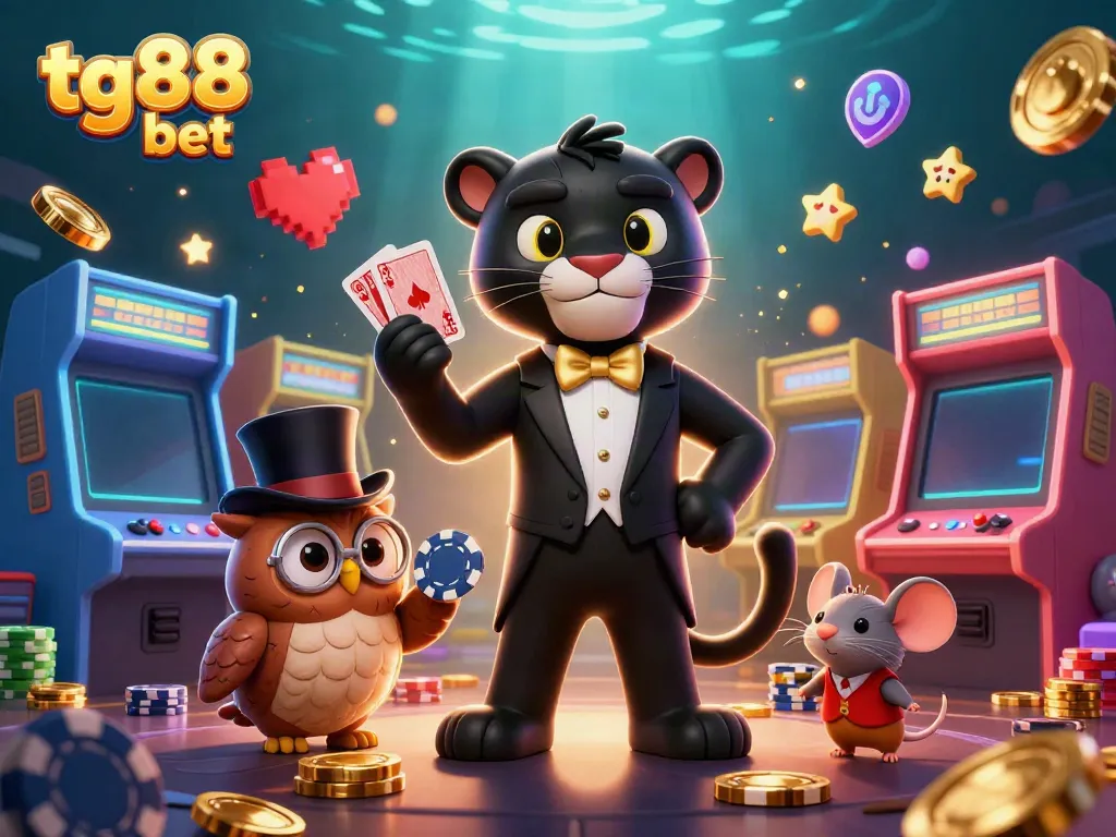 Experience thrilling moments at tg88 bet with our vibrant casino characters surrounded by colorful gaming elements.