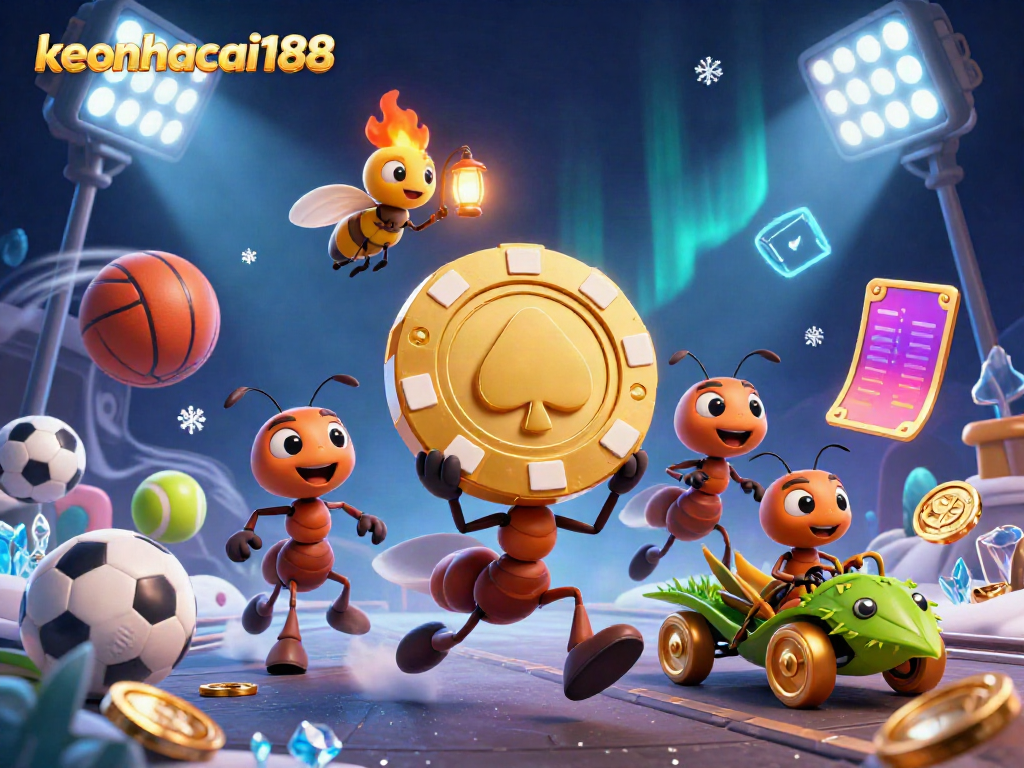 Engaging scene of keonhacai188 with 3D cartoon ants strategizing a sports betting heist, surrounded by dynamic sports elements.