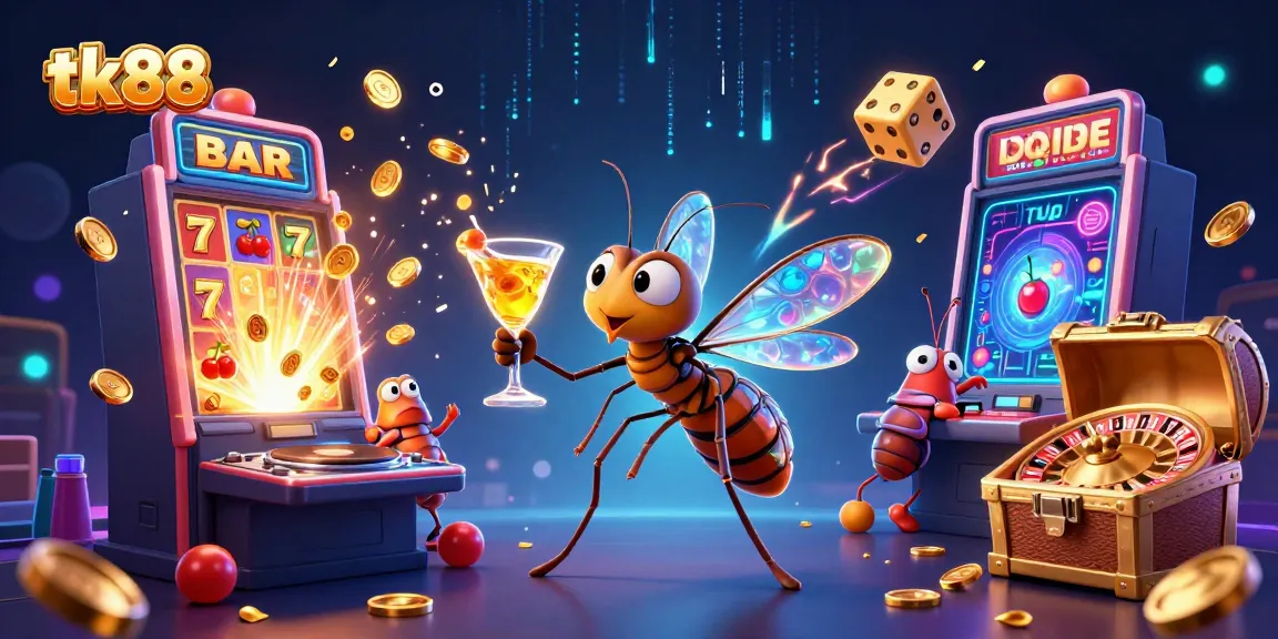 Engage with the vibrant tk88 casino world featuring a unique mosquito mascot and dazzling gaming elements.