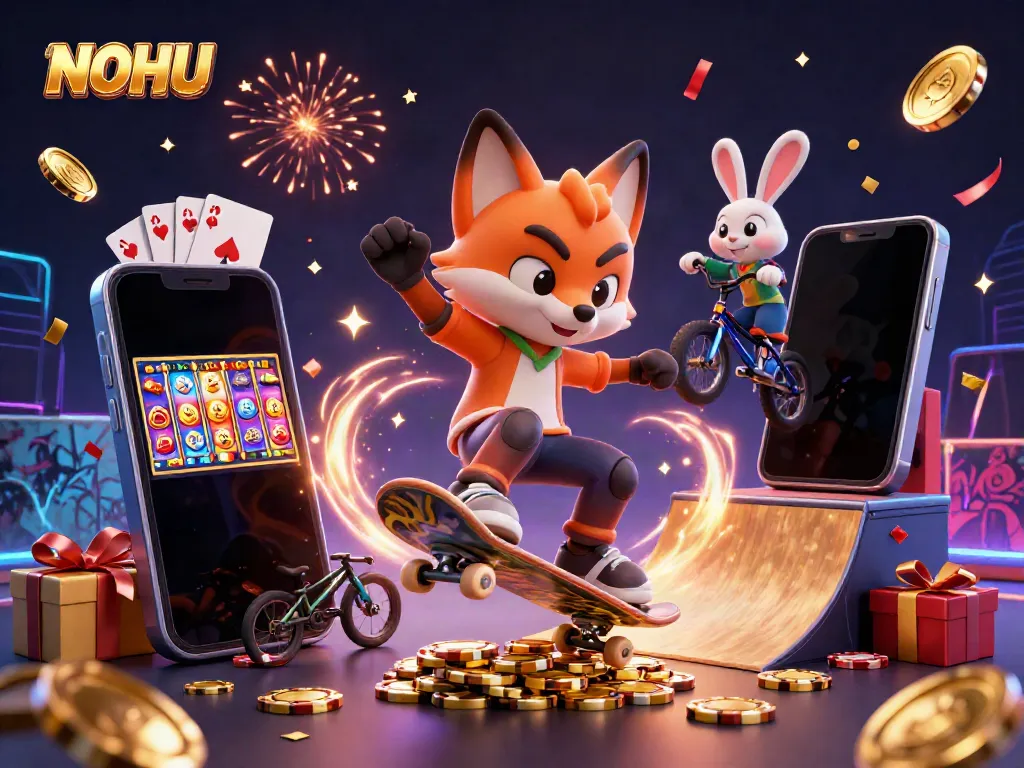 Engaging NOHU digital illustration of a skateboarder fox and a BMX rabbit in a vibrant casino-themed scene.