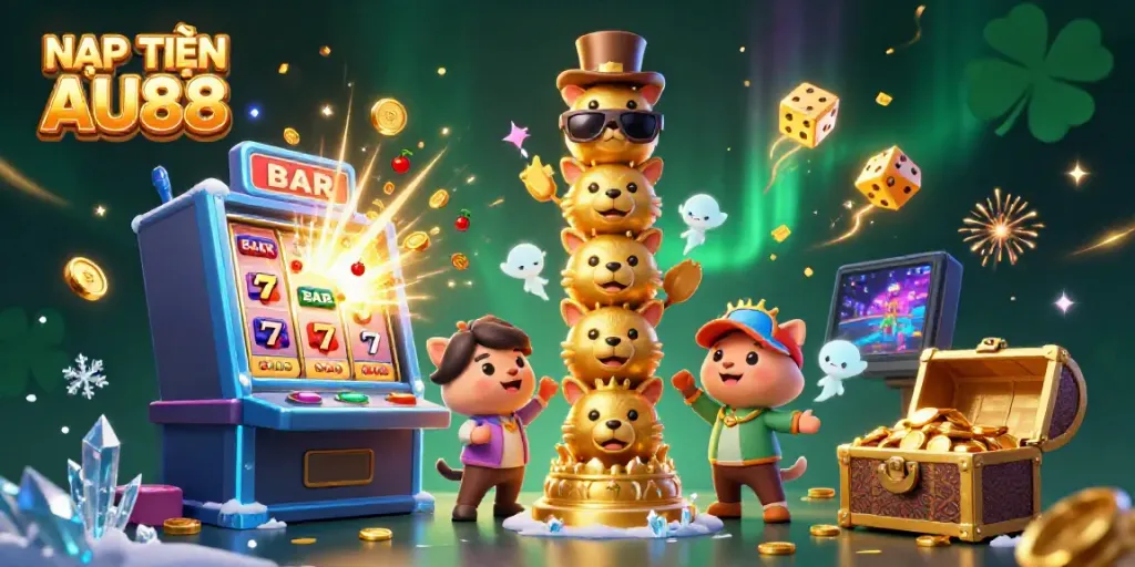 NẠP TIỀN AU88 utilizing engaging 3D casino characters bursting with vibrant game elements like slots and jackpots.