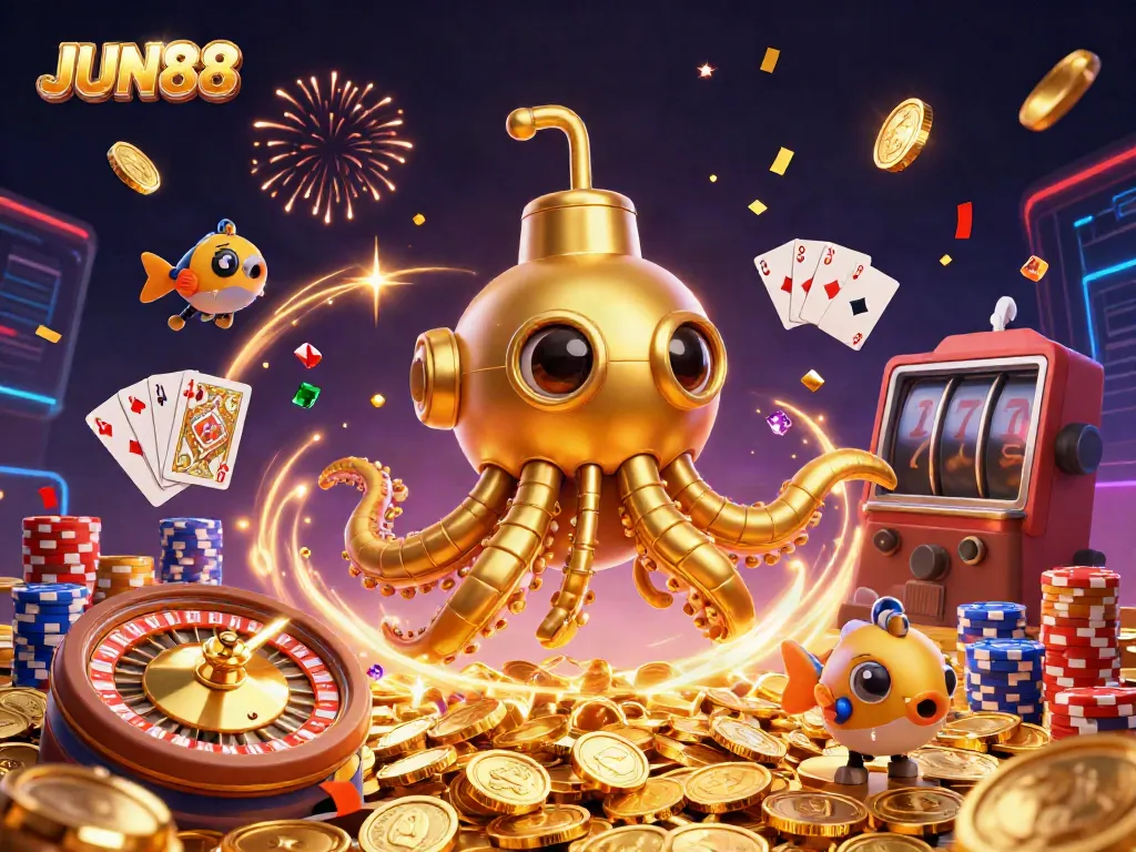 Experience thrilling gaming at JUN88 with a golden kraken submarine amidst sparkling casino elements.