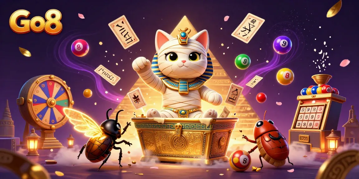 Go8 players experience dynamic fun with a mummy cat and casino games in a vibrant scene.