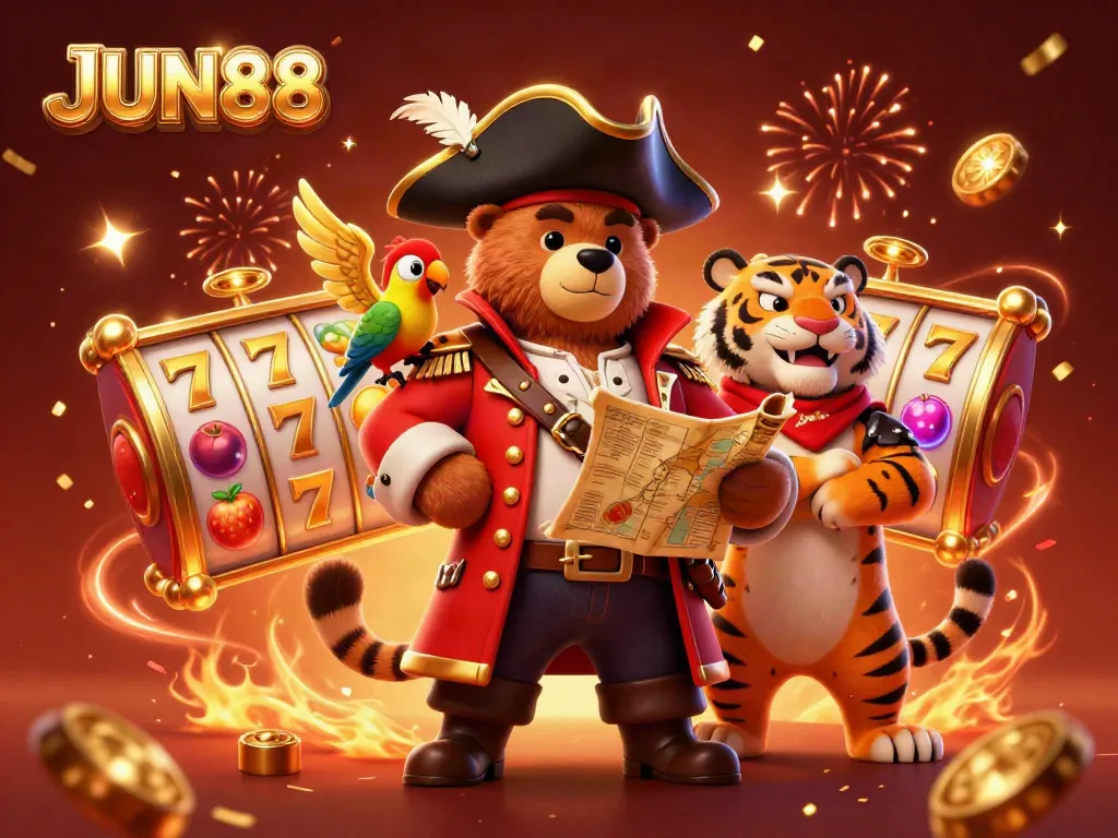 Engage with JUN88's casino magic, featuring a pirate captain bear and friends spinning slot reels in a vibrant celebration.