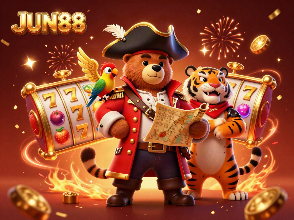 Engage with JUN88's casino magic, featuring a pirate captain bear and friends spinning slot reels in a vibrant celebration.