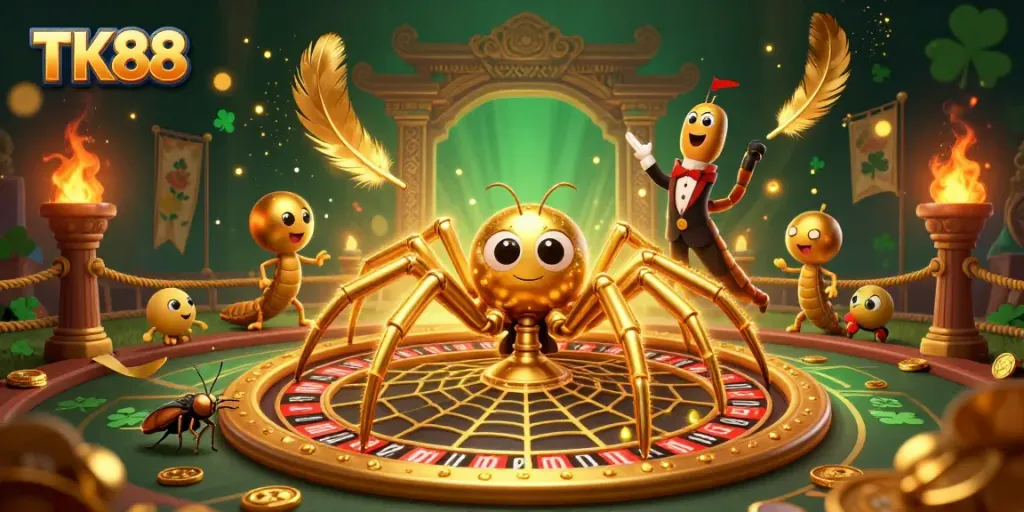 Engage in thrilling TK88 casino gameplay with a golden spider and centipede croupier spinning bets in a vibrant roulette scene.
