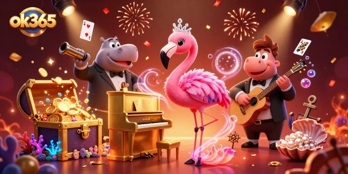 Experience excitement with ok365's vibrant casino scene featuring a flamingo singer and hippo bassist.
