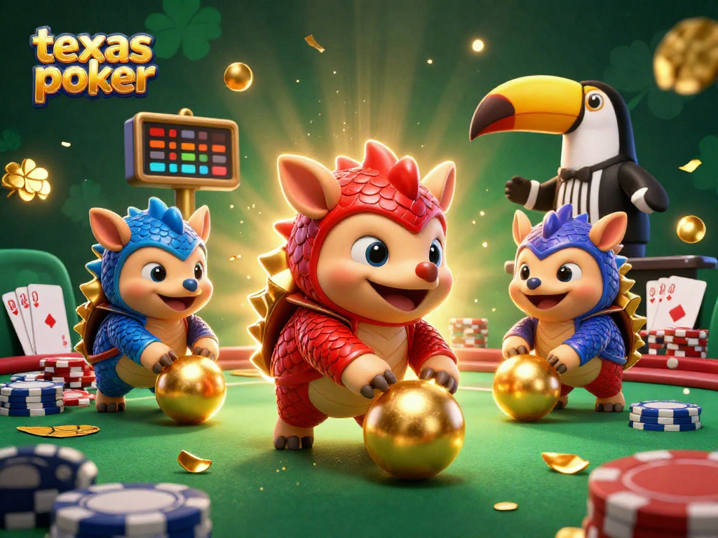 Engage in texas poker excitement with rival pangolins rolling poker chips in a vibrant 3D scene.