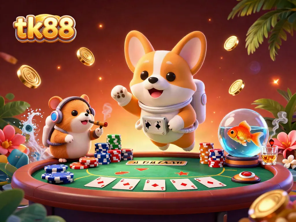 Engage in gaming fun with tk88 as a playful corgi explores a space casino filled with poker chips and coins.