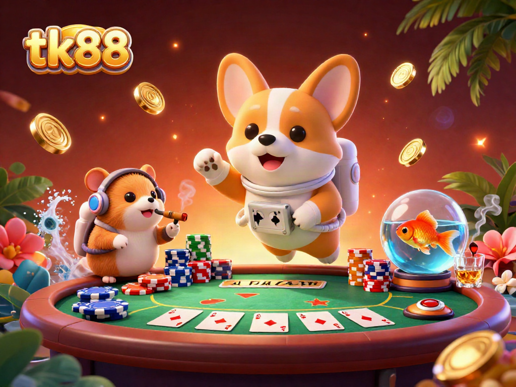 Engage in gaming fun with tk88 as a playful corgi explores a space casino filled with poker chips and coins.
