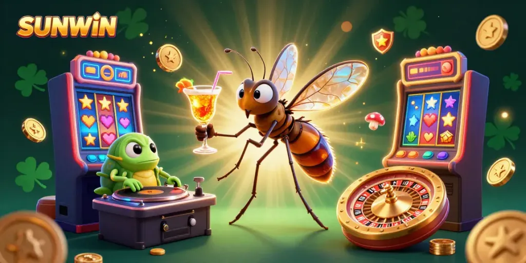 SUNWIN engages players in a lively casino atmosphere with a golden roulette wheel and vibrant 3D slot machines.