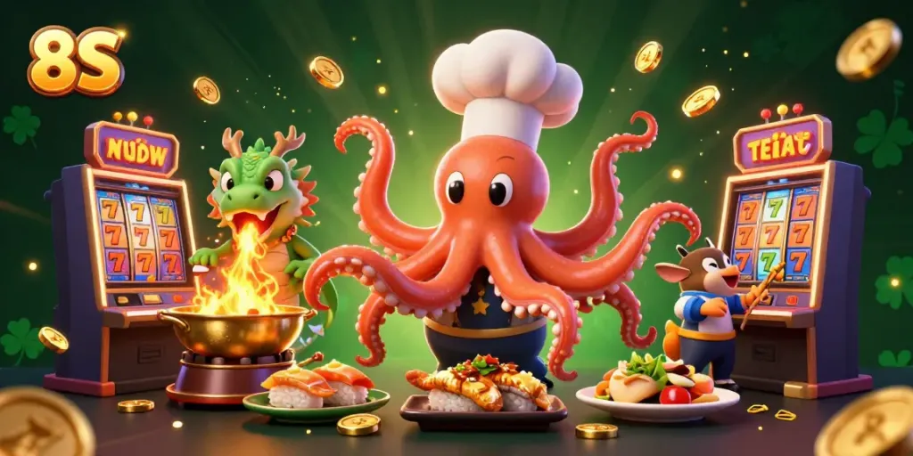 Play casino games with 8S characters: an octopus chef, dragon, and tanuki celebrating wins.