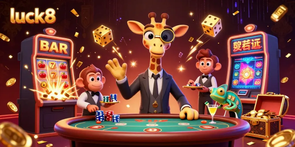 Engage with the thrilling world of luck8 as a high-roller giraffe leads a lively casino scene.