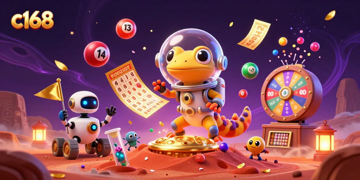 Exciting c168 casino discovery with Martian gecko and robot celebrating amidst vibrant games.