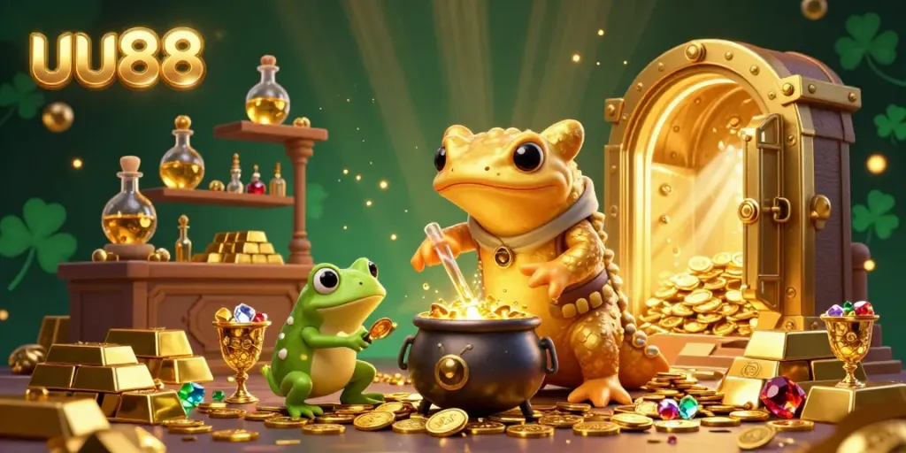 uu88 enhances the gaming experience with golden treasures and vibrant casino elements in a magical scene.