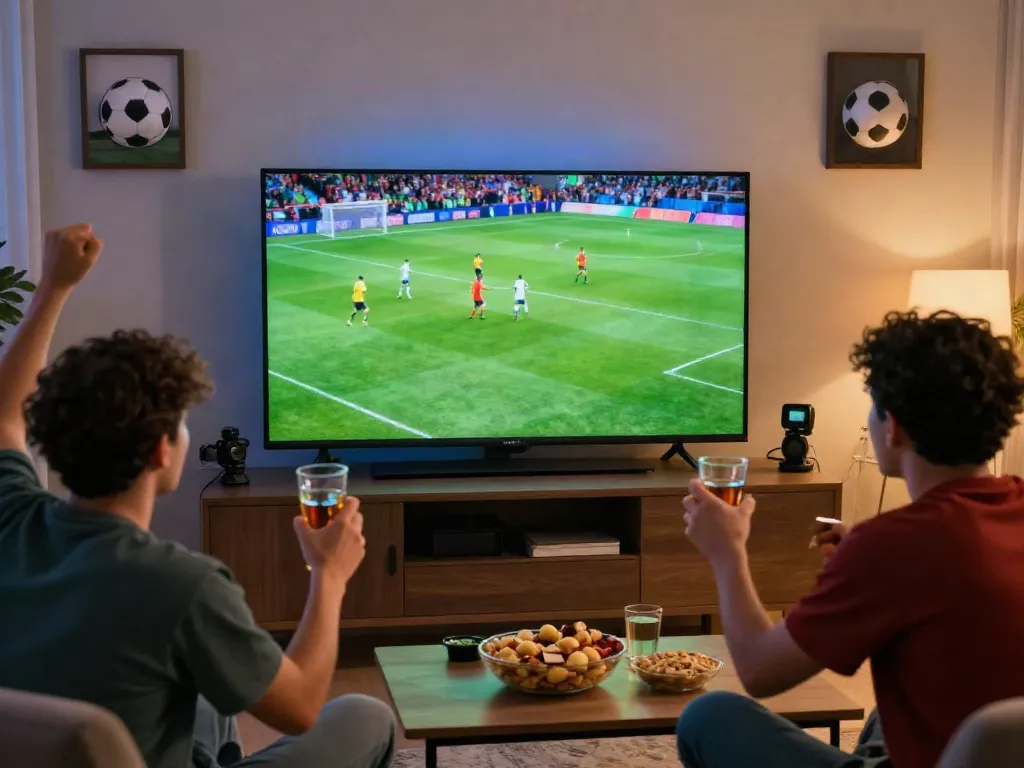 Excited fans watching Xoilactv soccer match in a cozy living room.