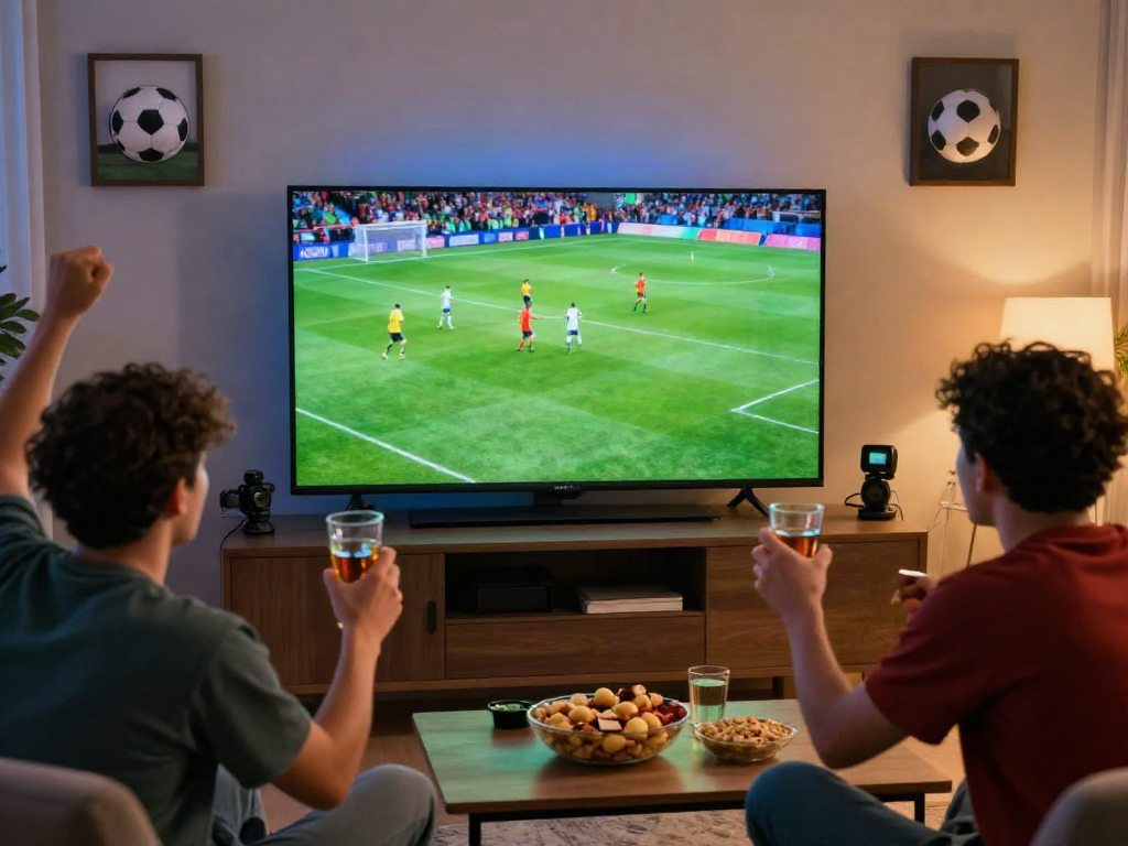 Excited fans watching Xoilactv soccer match in a cozy living room.