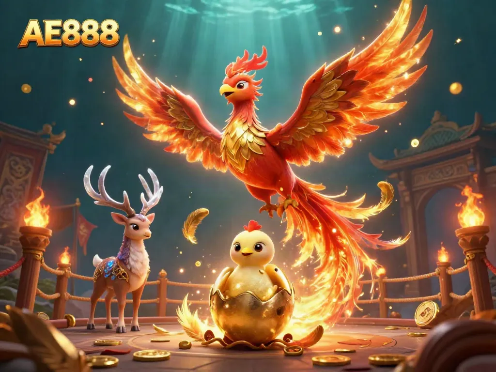 Experience thrilling gaming with AE888, featuring vibrant phoenix and mystical stag amidst casino treasures.