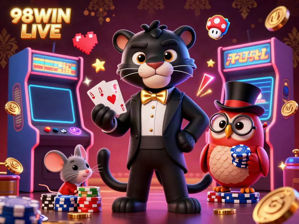 Engage with 98WIN LIVE's vibrant casino scene featuring stylish characters and colorful gaming elements.