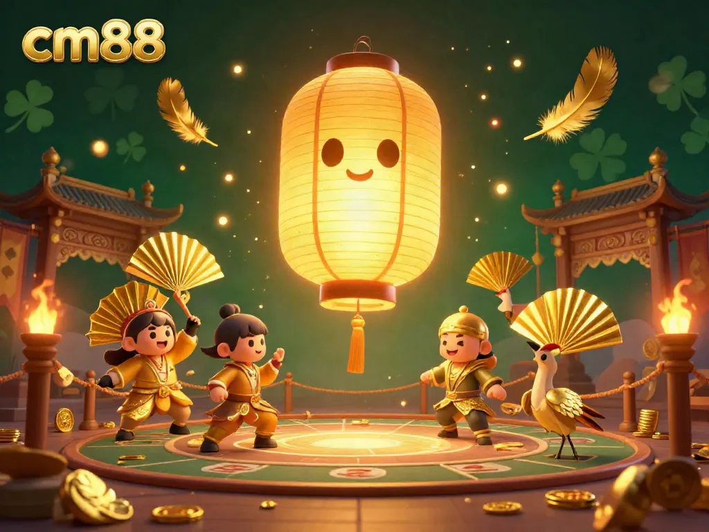 Engage with cm88's vibrant casino atmosphere featuring a giant golden lantern spirit and lively companions.