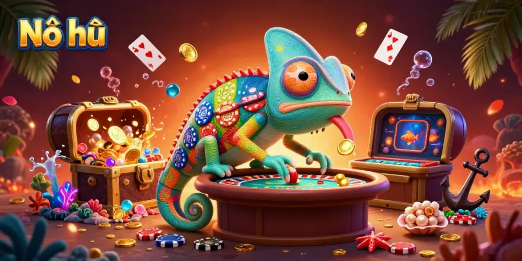 Nổ hũ chameleon casino owner surrounded by vibrant treasure and gaming elements.