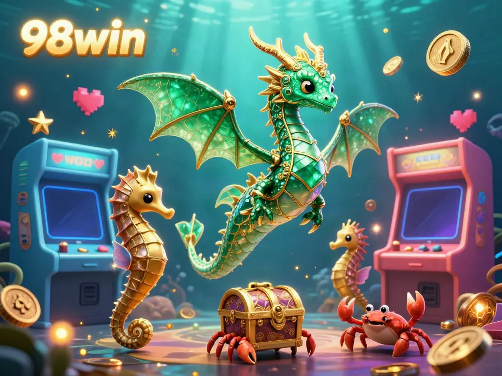 Experience the vibrant world of 98win with a magical underwater casino scene featuring a sea dragon and arcade games.