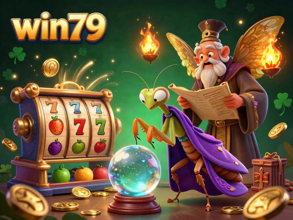 Win79's vibrant 3D cartoon illustration brings a dynamic gaming scene to life with a fortune teller and game elements.