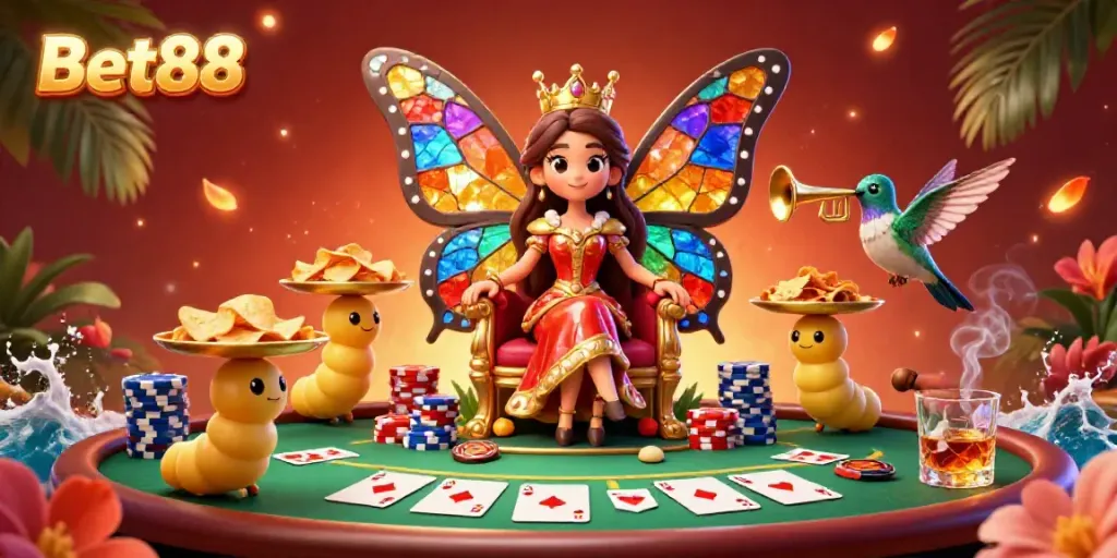 A lively Bet88 poker scene featuring a butterfly queen and her caterpillar servants amidst colorful chips and cards.