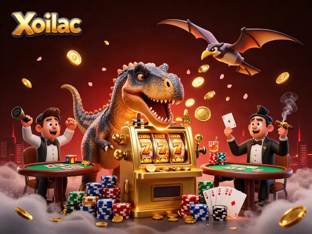 Xoilac creates excitement as cartoon dinosaurs engage in casino fun, featuring a jackpot slot machine and colorful poker elements.
