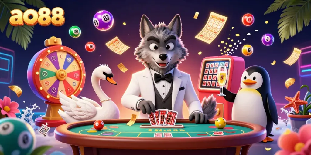 Experience thrilling action at ao88, featuring a debonair wolf, elegant swan, and sophisticated penguin amidst a vibrant casino scene.