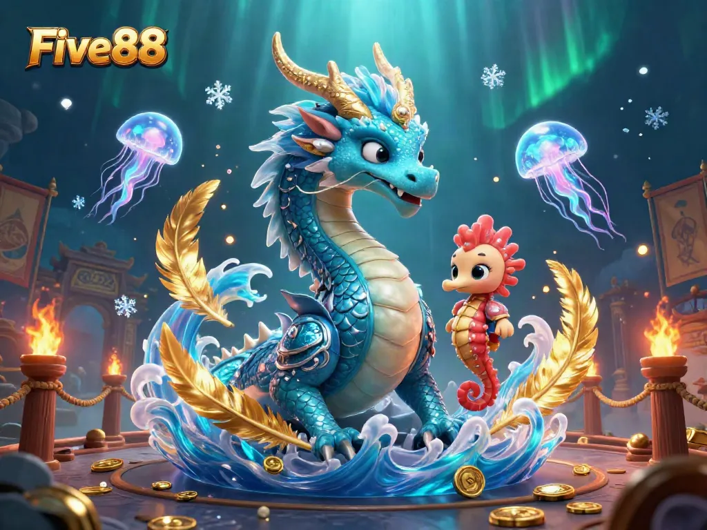 Experience the vibrant ocean adventure at Five88 Casino, featuring a water dragon, seahorse knight, and glowing jellyfish.