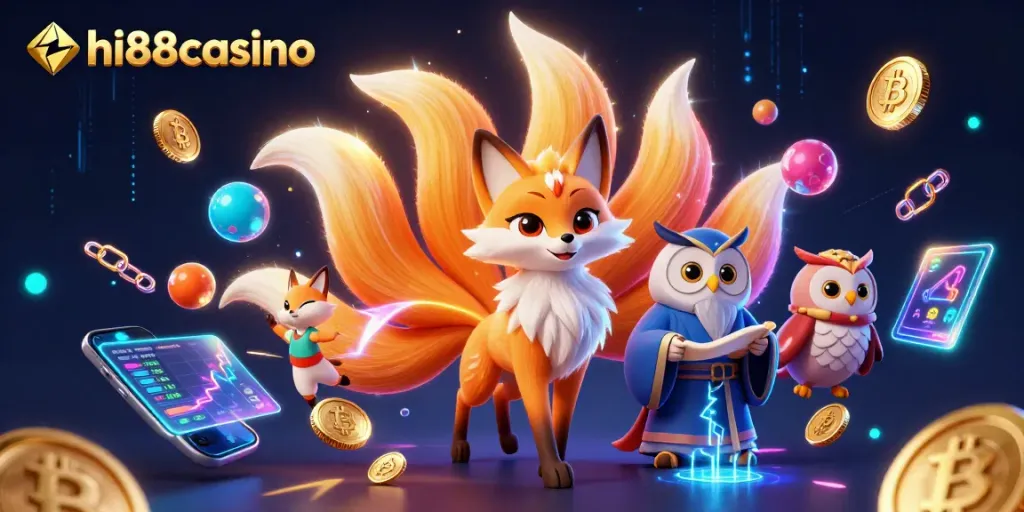 Engage with hi88casino's vibrant online gaming experience showcasing a mystical fox and glowing cryptocurrency.