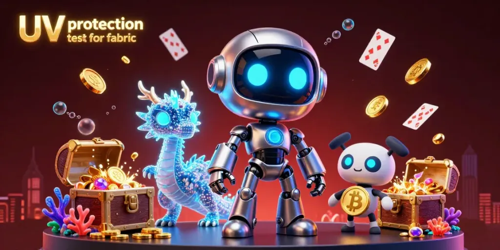 Engage with the UV protection test for fabric scene, showcasing a neon robot and holographic companions among vibrant casino elements.