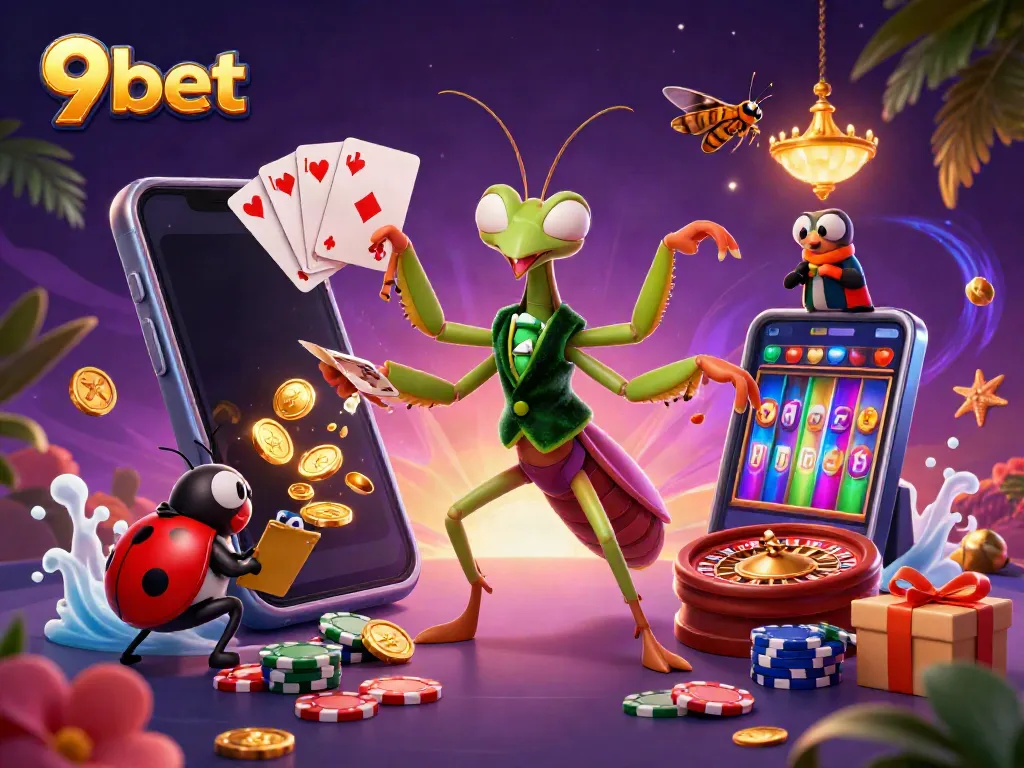 9bet features a lively casino scene with a giant praying mantis card sharp and vibrant game elements.
