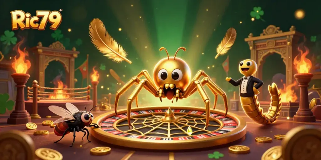 Spin your luck at Ric79's golden roulette, featuring a spider and centipede in action.