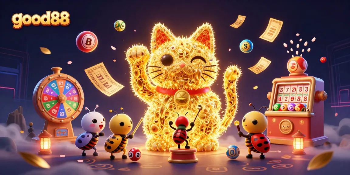 Engage with good88 as whimsical golden fireflies embodying luck amidst vibrant lottery elements and casino flair.