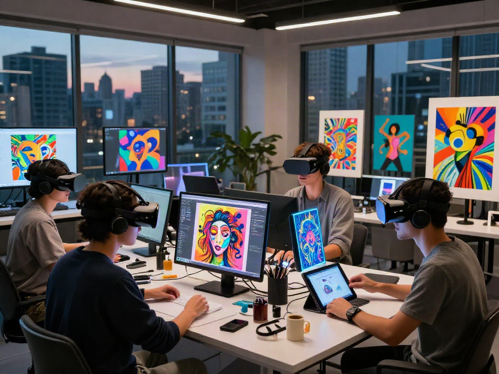 NSFW AI art creation session in a vibrant urban VR studio