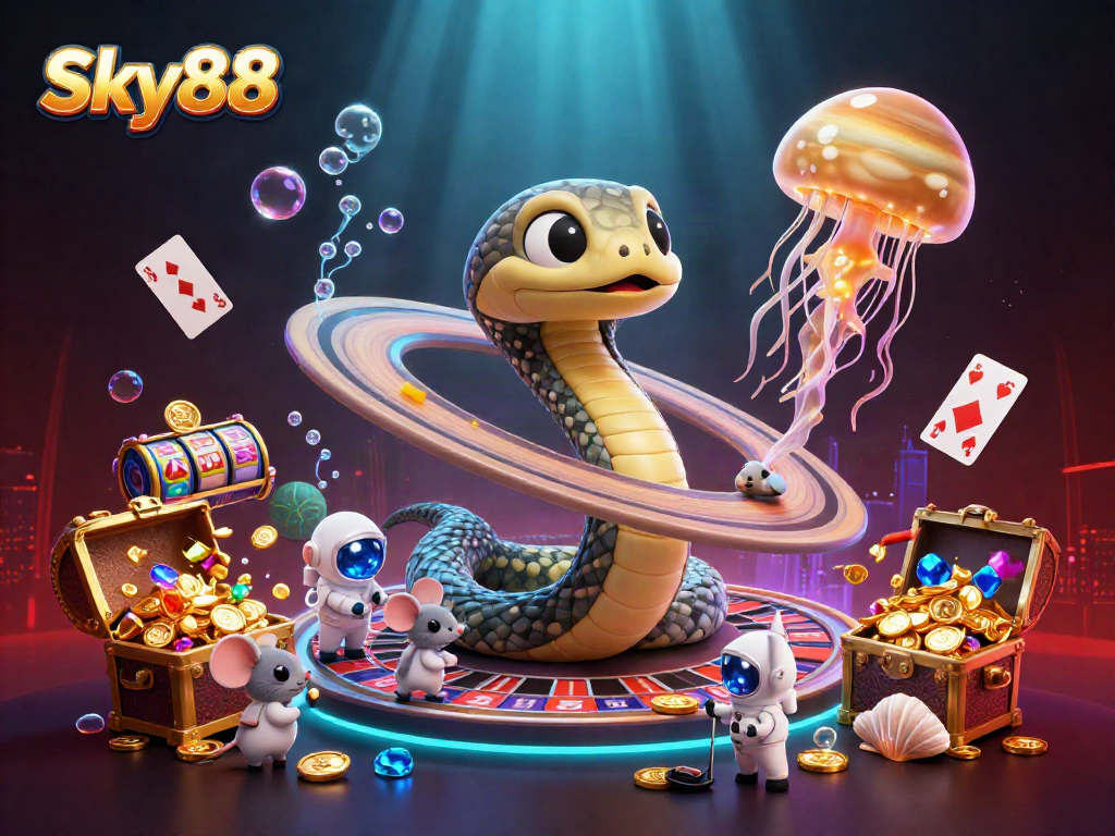 Experience the thrill of Sky88 as astronaut mice bet on a cosmic roulette wheel amidst a treasure-filled underwater scene.