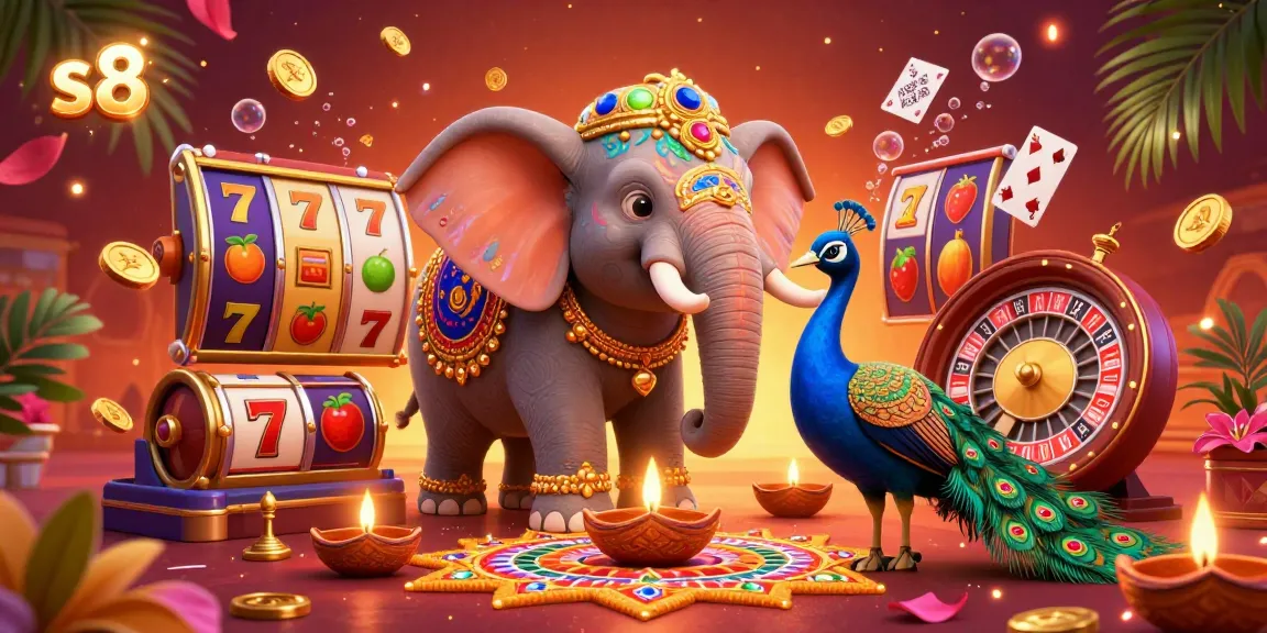 S8 offers exciting online gaming with vibrant visuals in a rich casino setting featuring a Diwali-themed elephant.