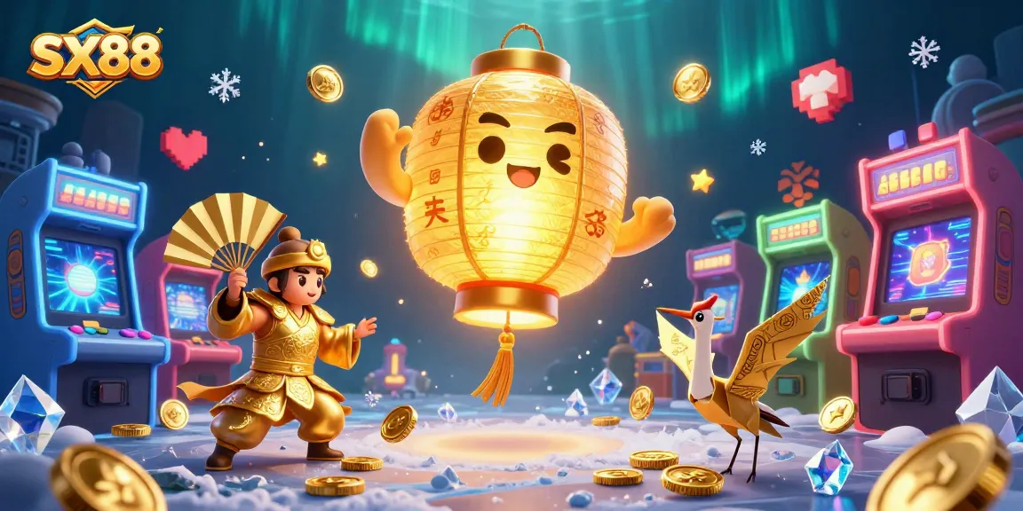 Engage with SX88's vibrant gaming experience featuring a golden lantern spirit in a dynamic casino scene.