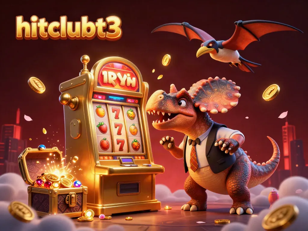 Hitclubt3 features a vibrant 3D scene of playful characters engaging with casino elements in an adventurous jackpot quest.