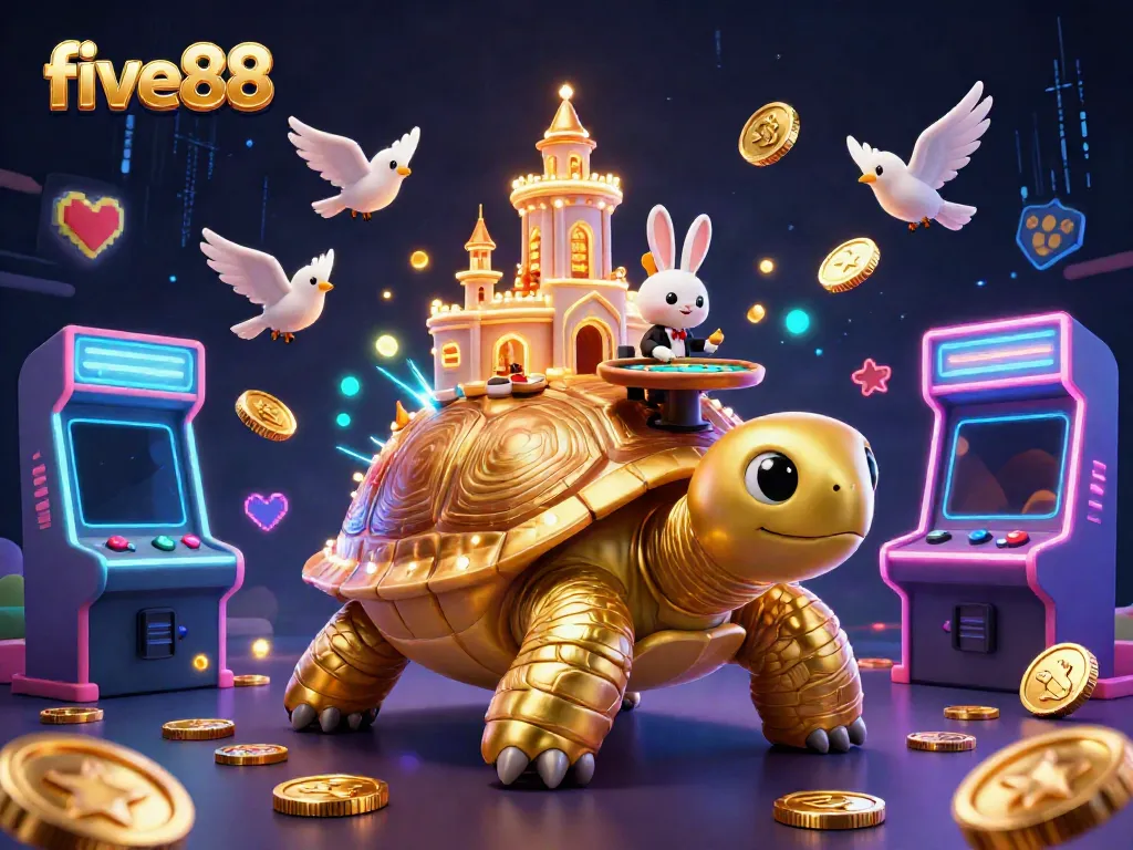Experience the allure of five88 with a vibrant casino scene featuring a golden tortoise and a rabbit dealer.