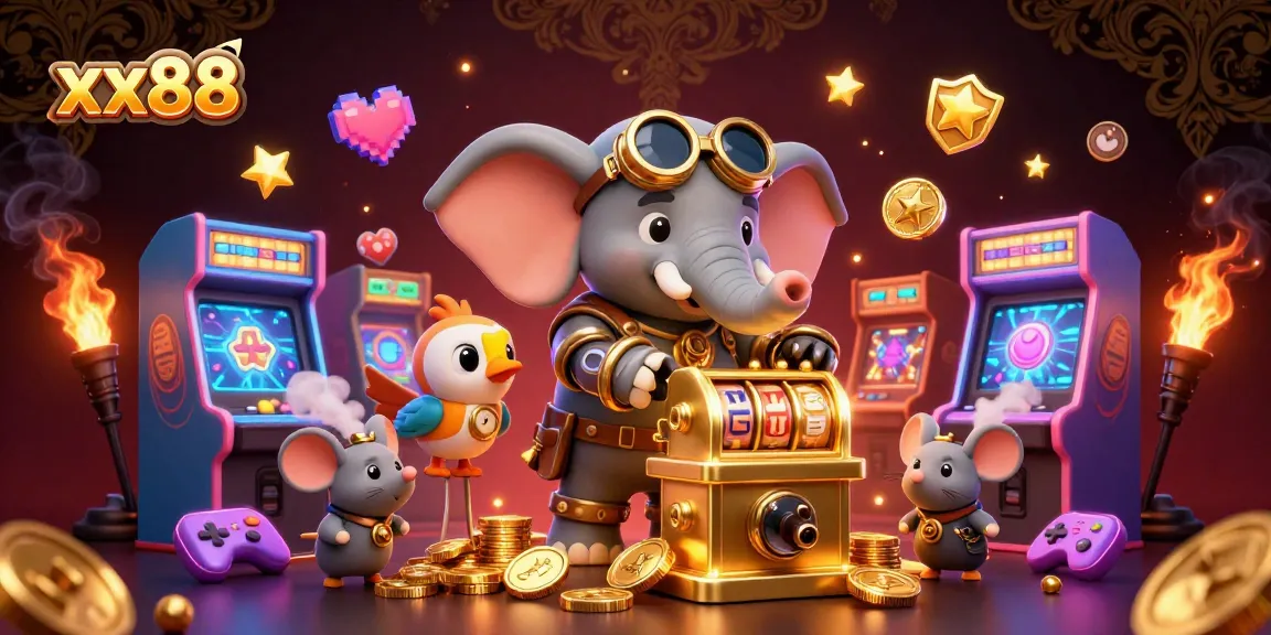 Spin the golden slot machine at xx88 with a steampunk elephant engineer in a vibrant casino scene.