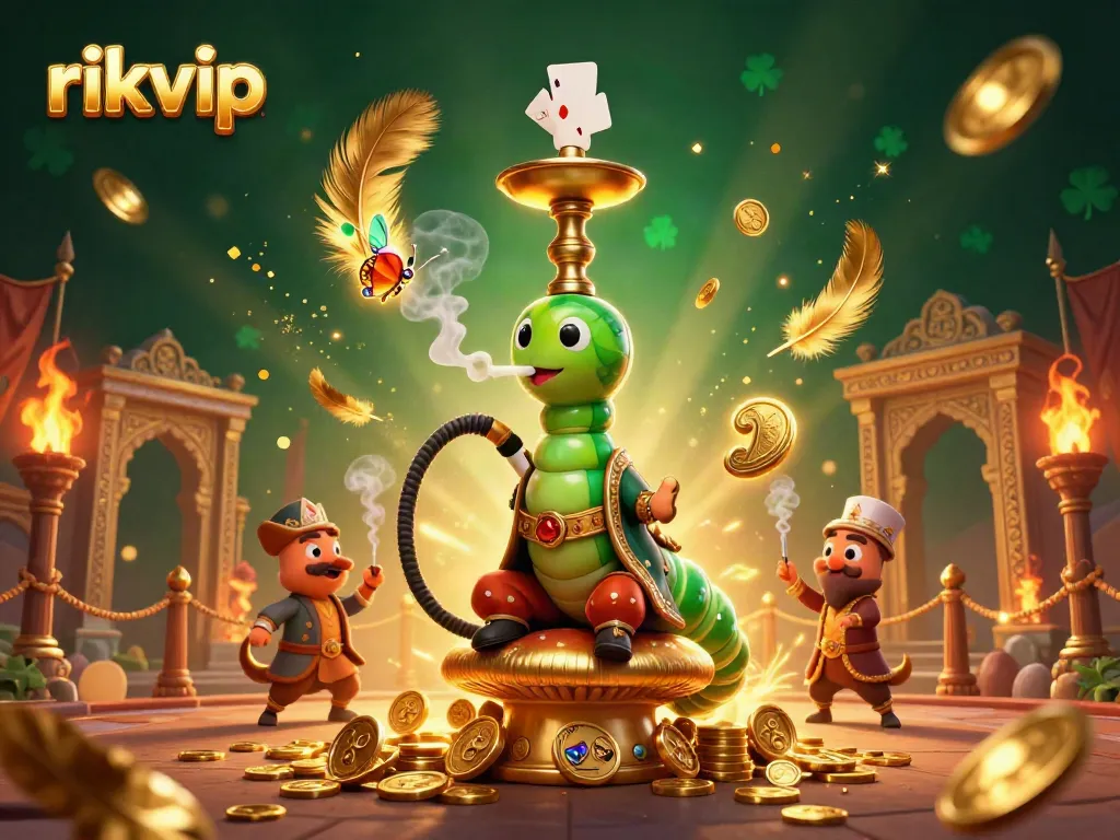 Engage with rikvip's vibrant casino atmosphere, featuring a caterpillar master in a Turkish setting amidst gambling symbols.