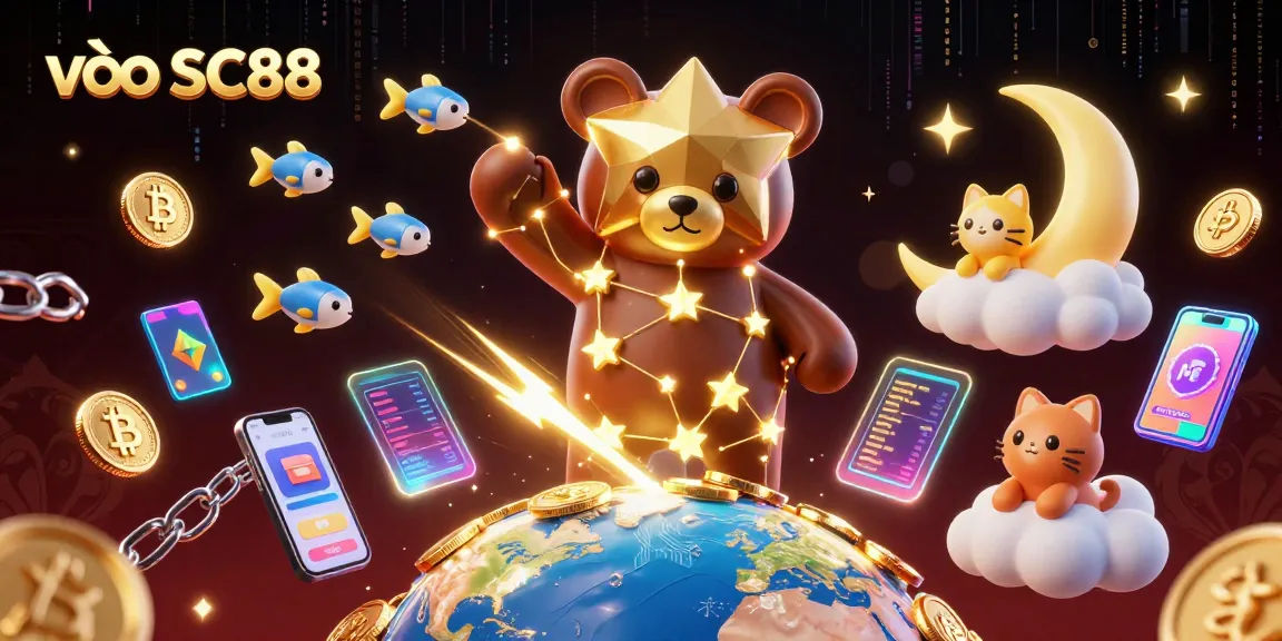 Engage in exciting gaming experiences while exploring vào SC88 with a cosmic golden bear and vibrant elements.
