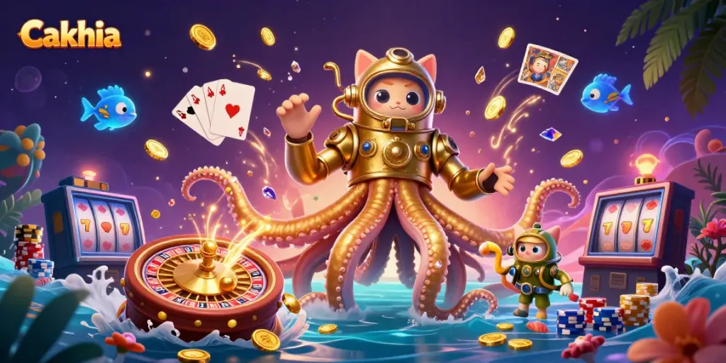 Cakhia offers thrilling sports betting insights with vibrant action from a kraken, diving cat, and deep-sea fish.