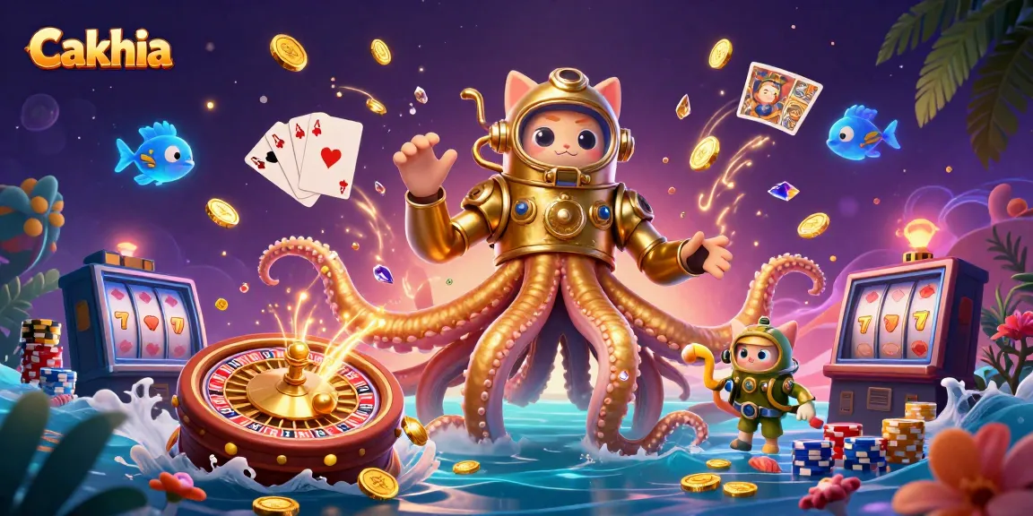 Cakhia offers thrilling sports betting insights with vibrant action from a kraken, diving cat, and deep-sea fish.