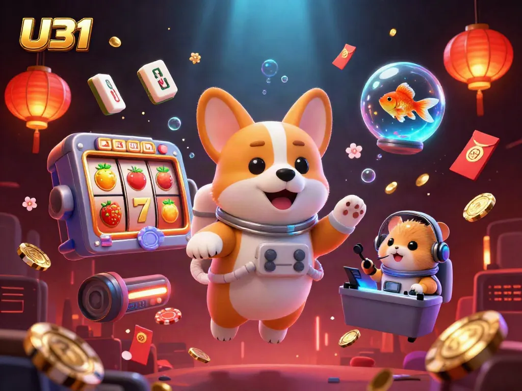 U31 casino illustration featuring an astronaut corgi in a space casino with slot reels and golden coins