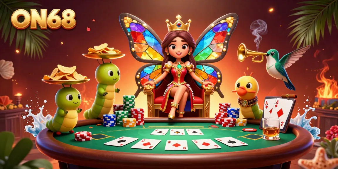 Experience thrilling gameplay at ON68 with a vibrant casino illustration of a butterfly queen.